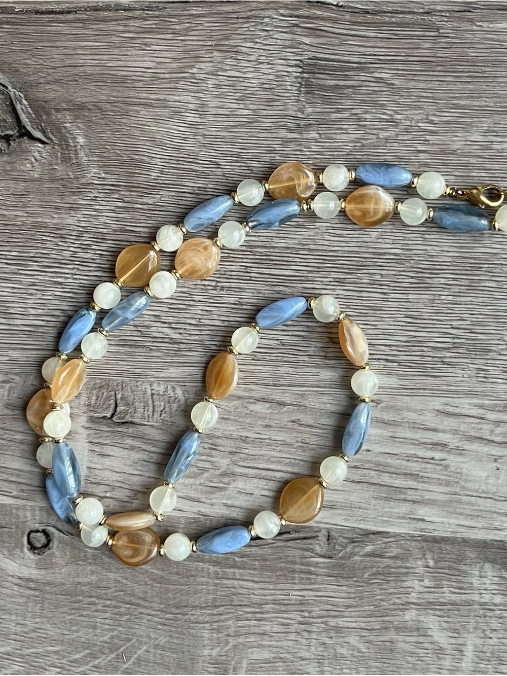 Blue, Amber & Cream Beaded Necklace with Gold Accents